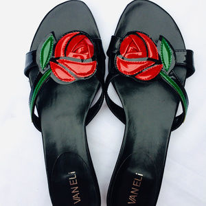 Vaneli Black Sandals with Patent Leather Red Roses
